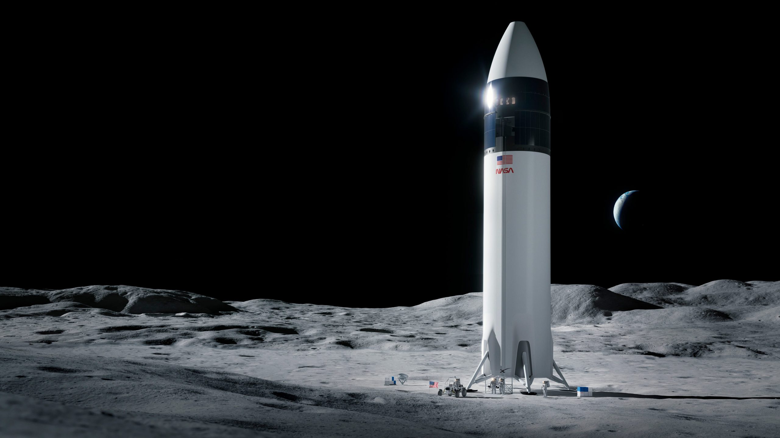 An illustration of the SpaceX Starship human lander design on the moon.