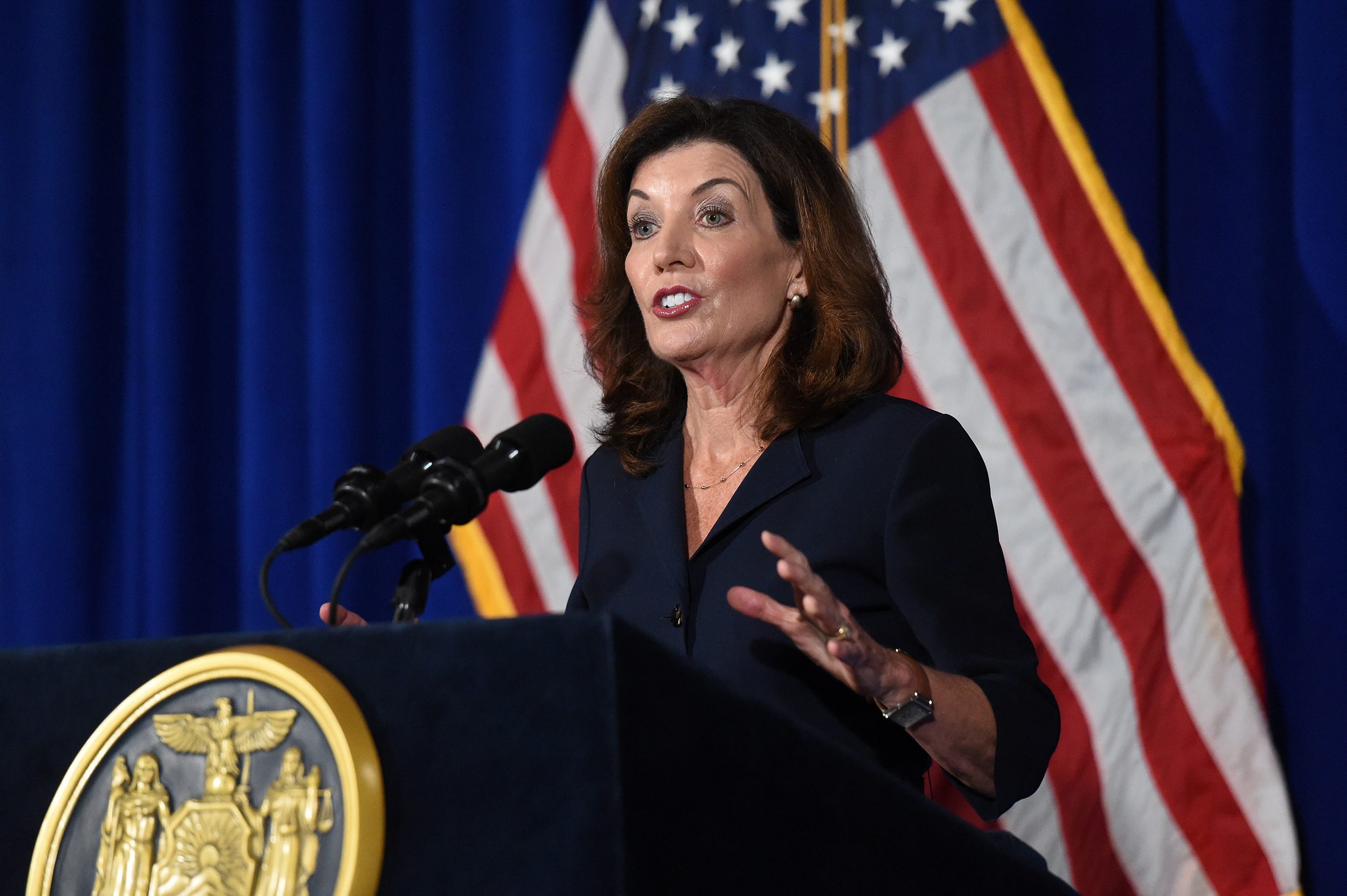 New York Lieutenant Governor Kathy Hochul speaks during a news conference the day after Governor Andrew Cuomo announced his resignation at the New York State Capitol, in Albany, New York, U.S., August 11, 2021.