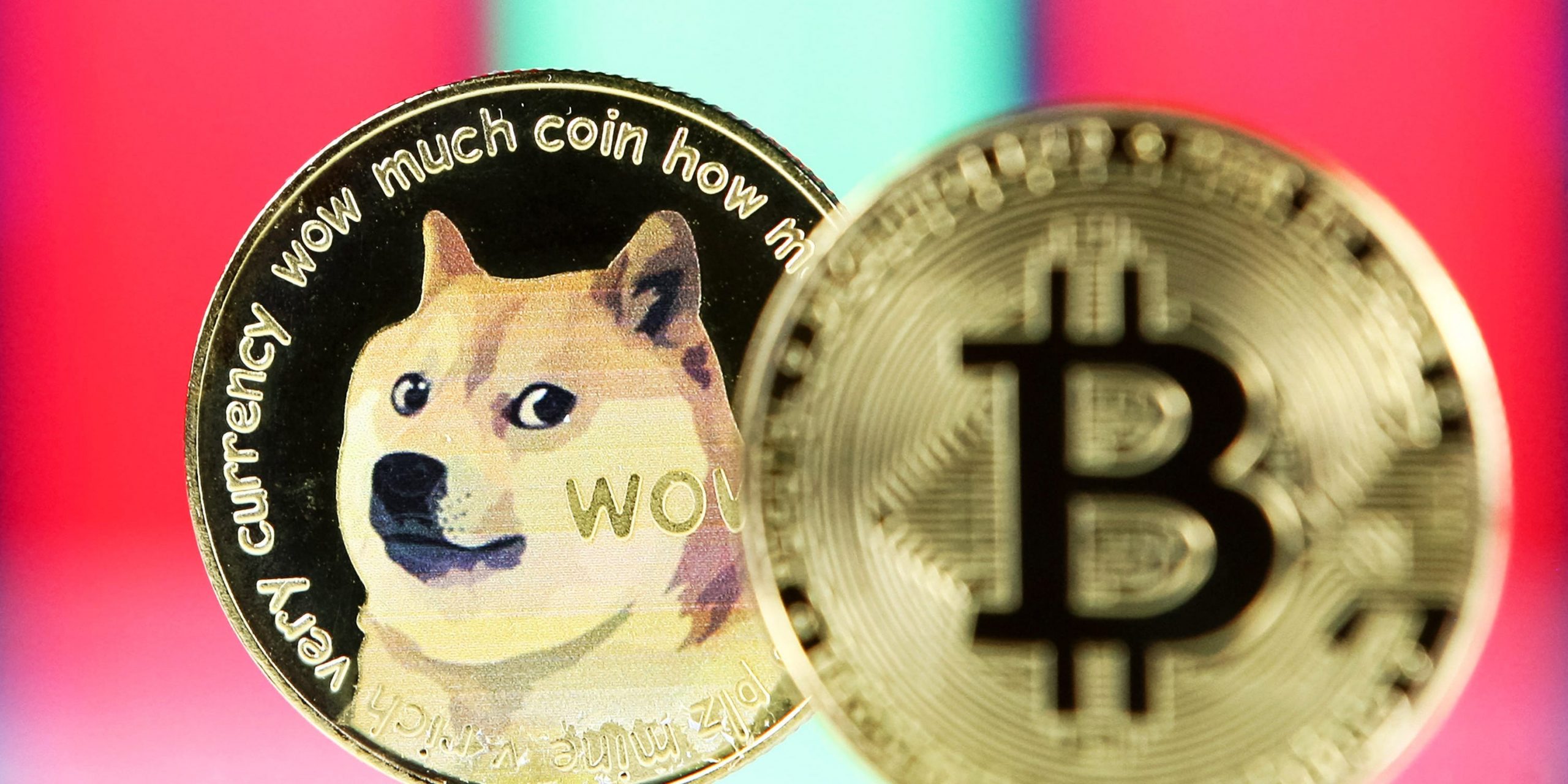 Bitcoin and dogecoin cryptocurrency coins are pictured in Kyiv on 08 July, 2021.