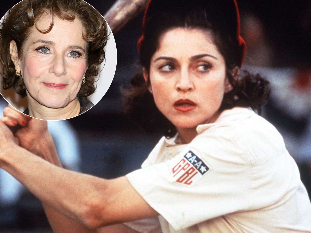 A still from Madonna as center fielder Mae Mordabito in "A League of Their Own" with an inset image of actress Deborah Winger.