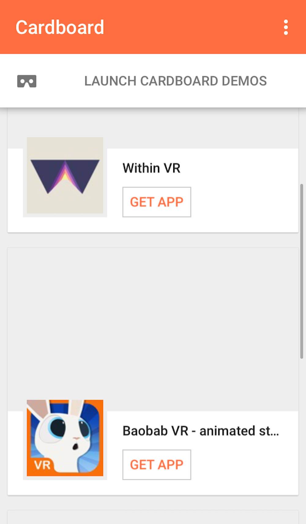 Screenshot of VR app download within Cardboard app