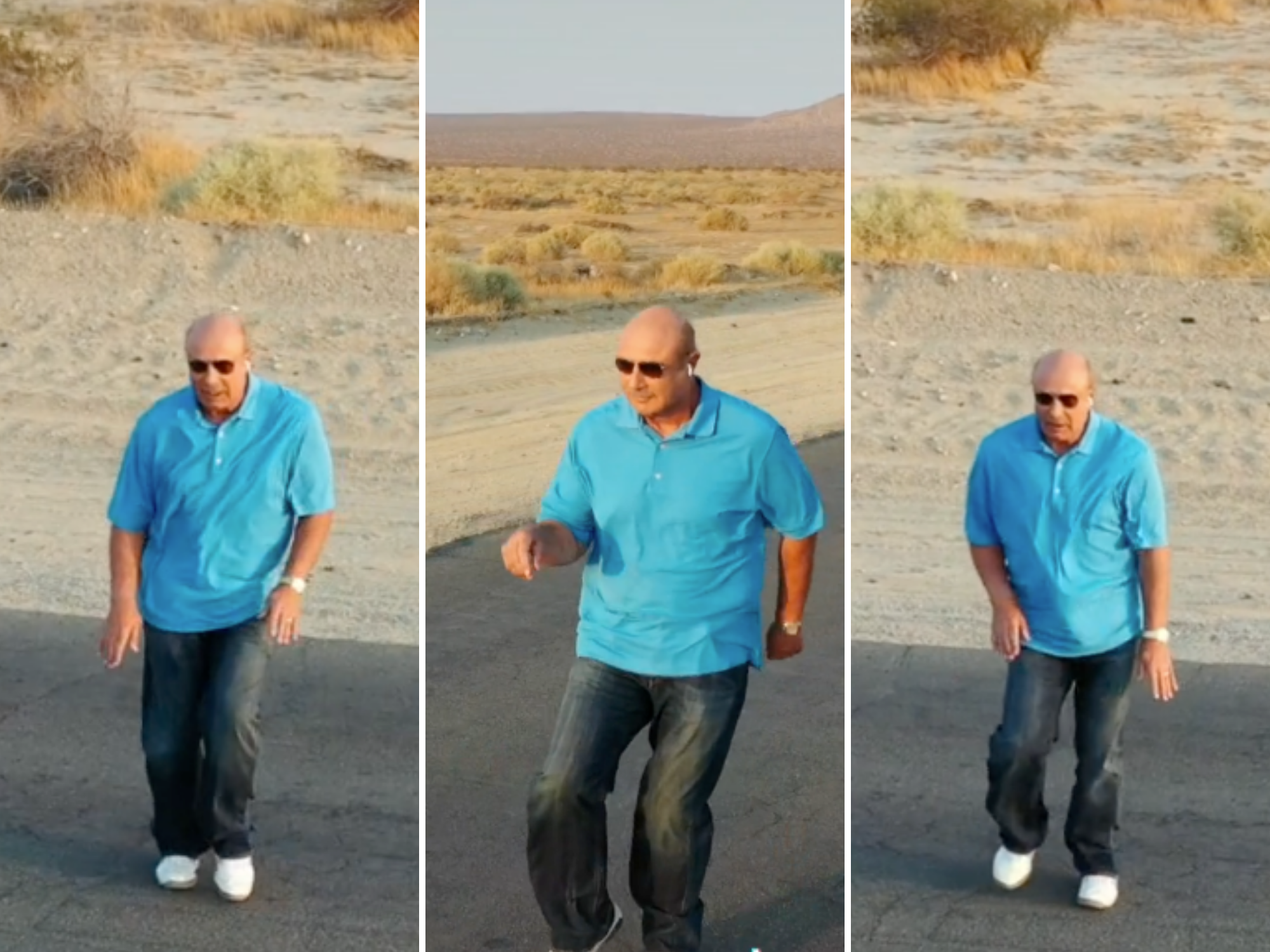 three images of dr. phil, wearing a bright blue polo, jeans, and sunglasses, dancing on an empty highway with dirt in the background