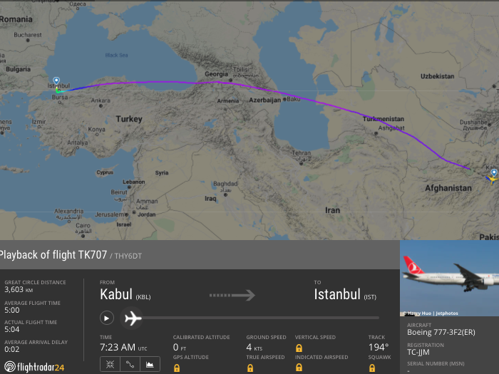 Turkish Airlines flight path Istanbul-Kabul