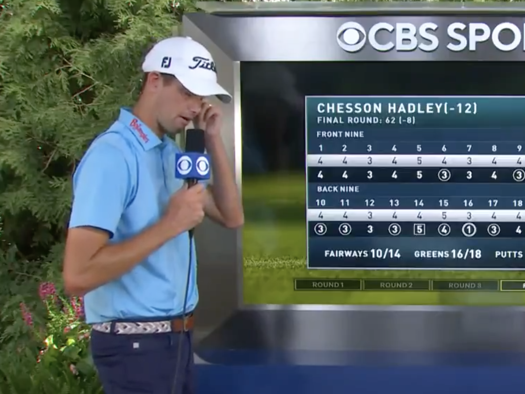 Chesson Hadley fights through tears during his post-round interview.