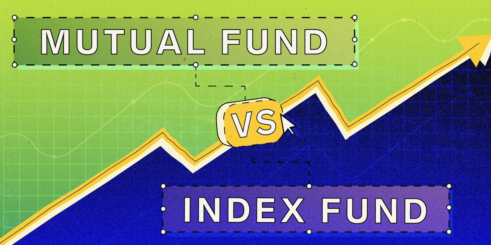 Mutual fund vs index fund, divided by an upwards trending arrow on investing themed background