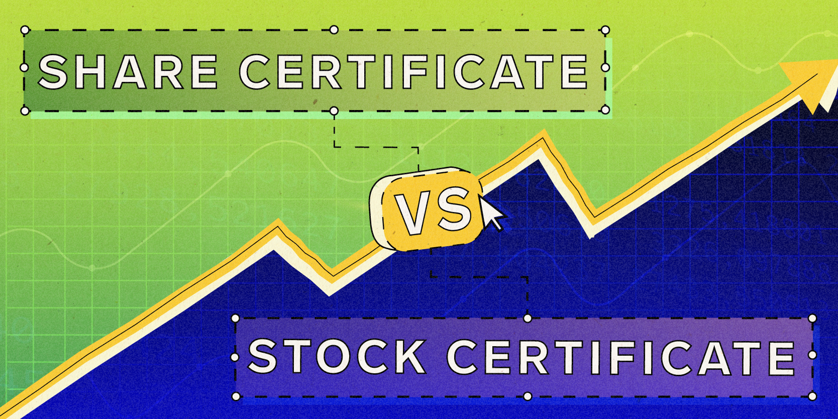 Share certificate vs stock certificate, divided by an upwards trending arrow on investing themed background