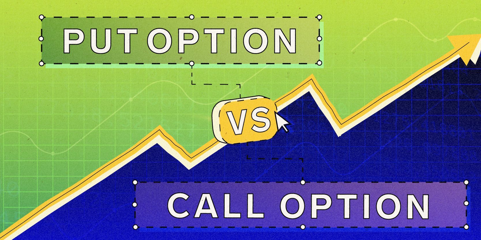 Put option vs Call Option, divided by an upwards trending arrow on investing themed background