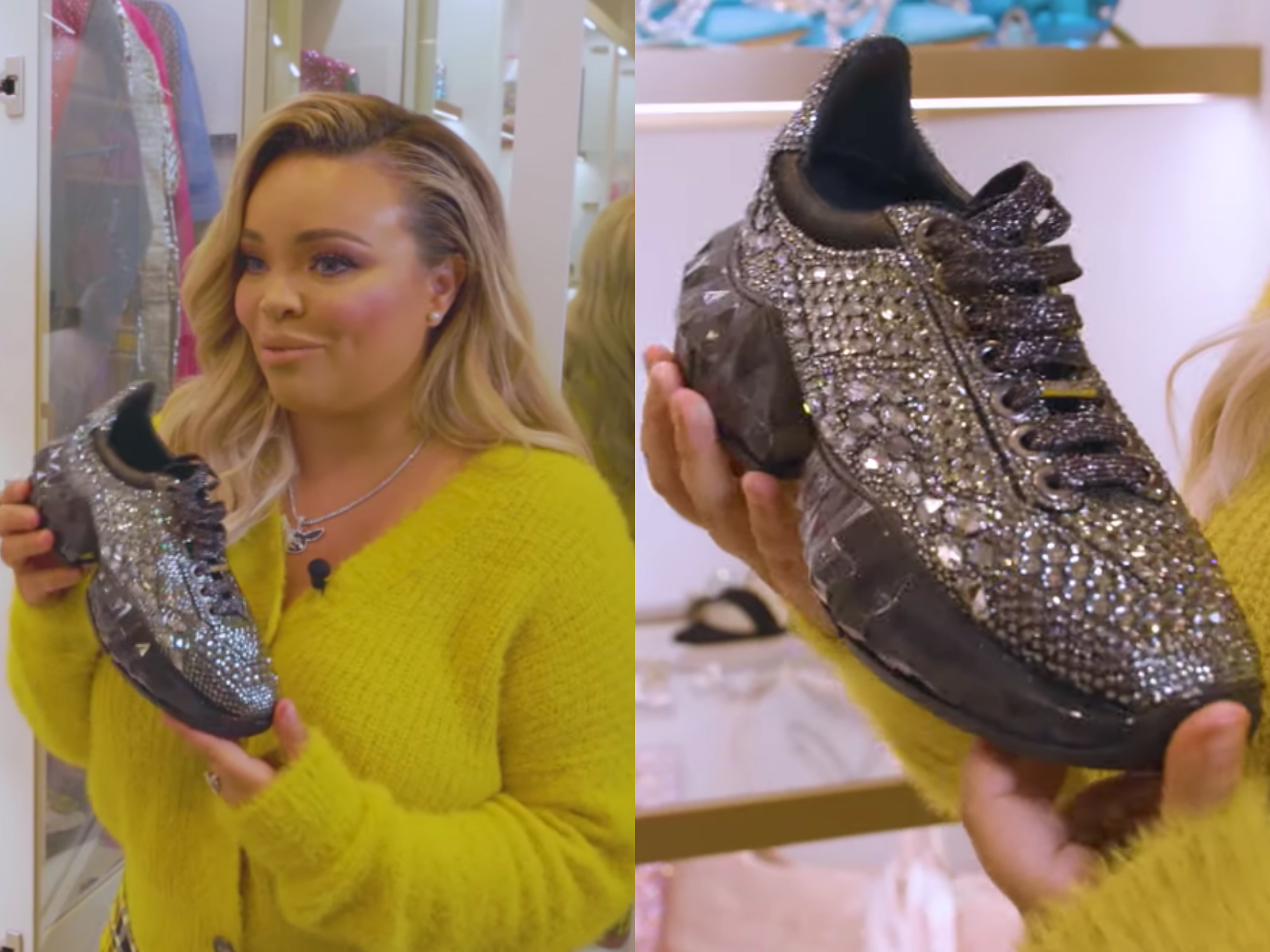 left: trish apaytas with curled hair wearing a yellow cardigan and holding up a sparkling black sneaker; right: a close-up of the black sneaker, which has sparkling laces and a bedazzled body