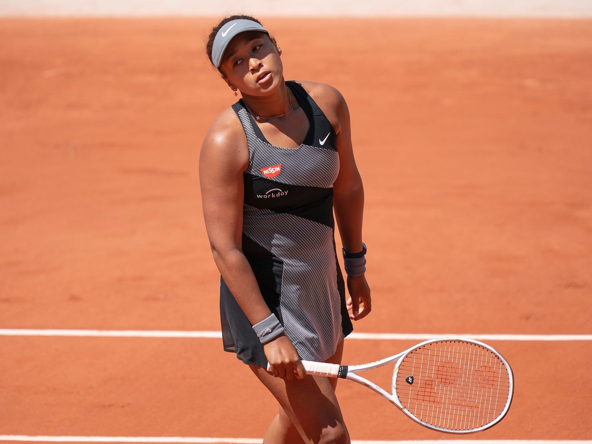 Naomi Osaka (JPN) reacts during her match against Patricia Maria Tig (ROU) at Roland Garros Stadium..JPG