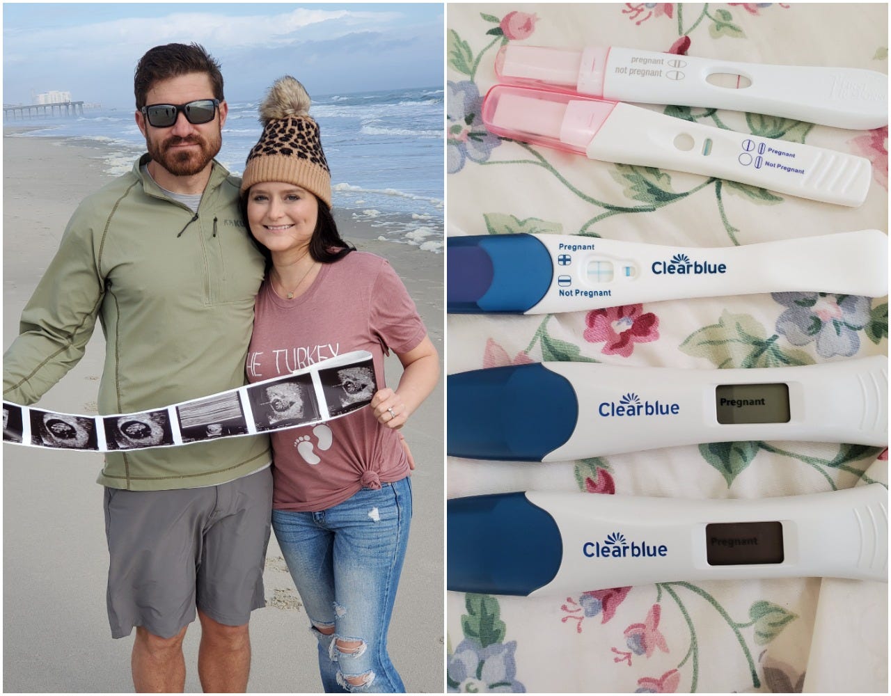 Chelsea Jovanovich and her husband Jake (left) and the numerous pregnancy tests she took in October 2020.