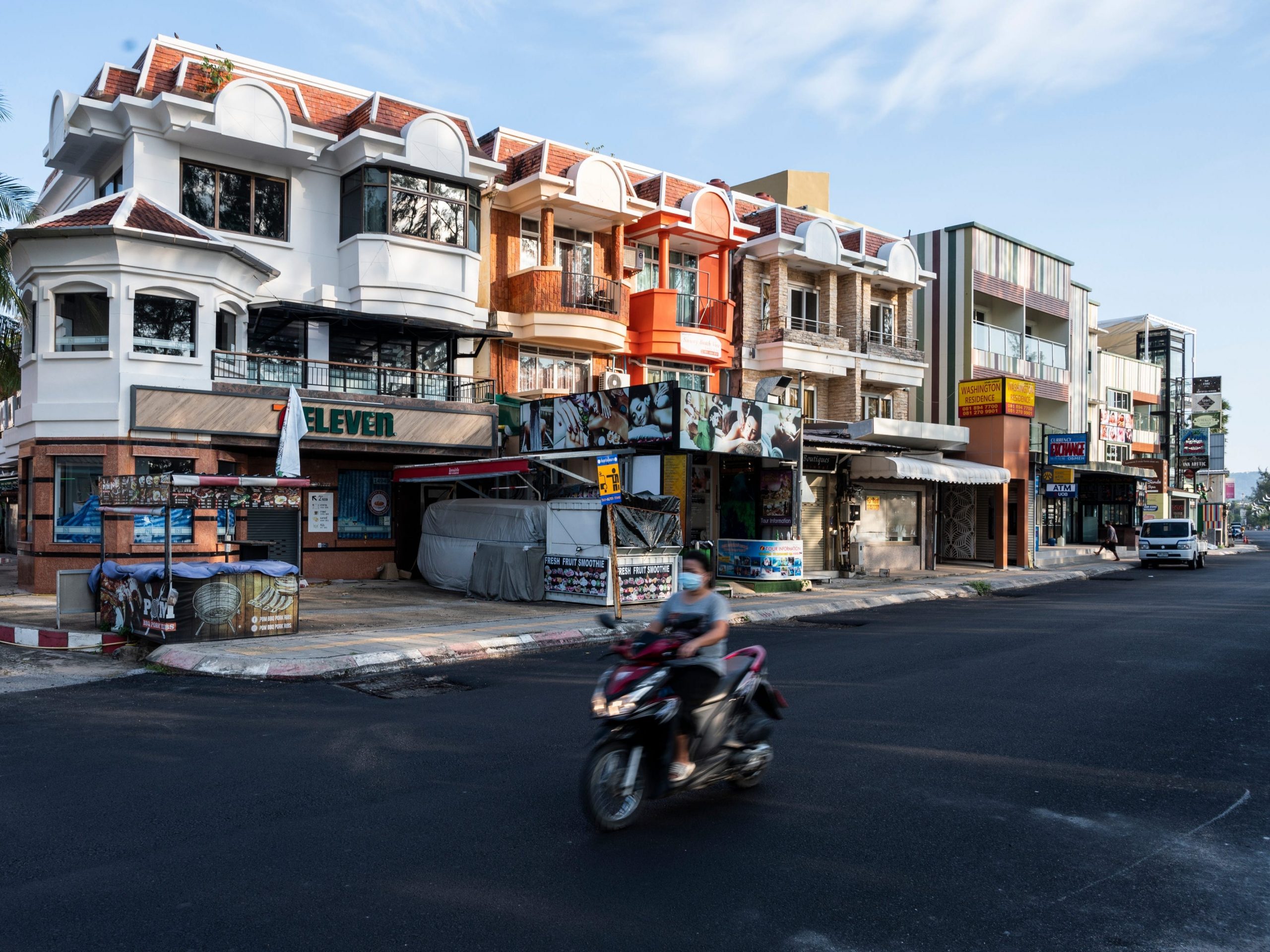 Rows of shuttered shops are seen along Karon Beach on January 17, 2021 in Phuket, Thailand.