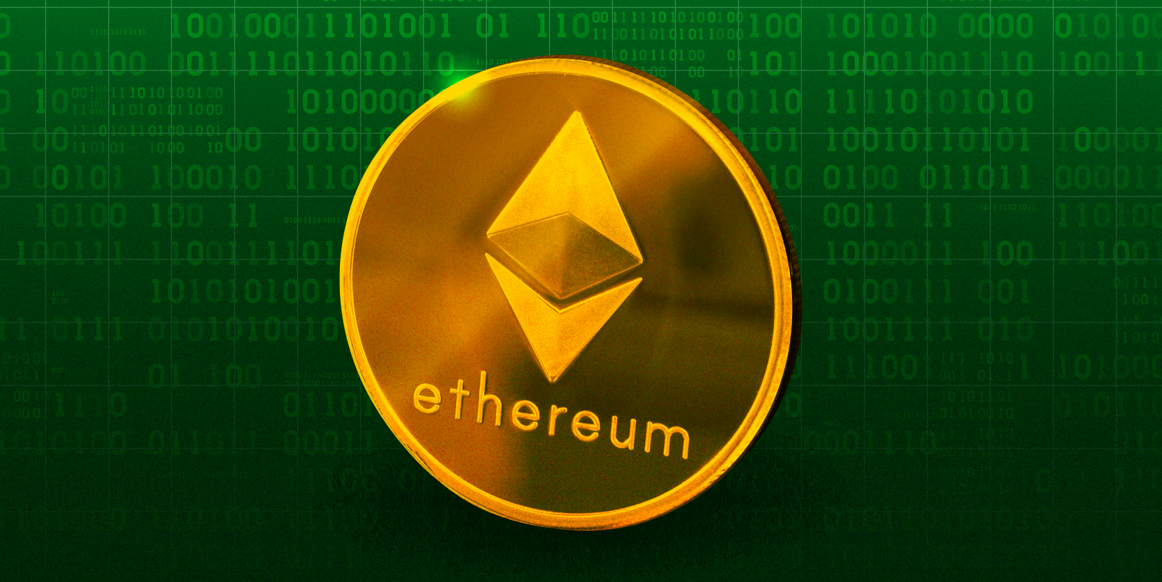 Ethereum coin on green financial background