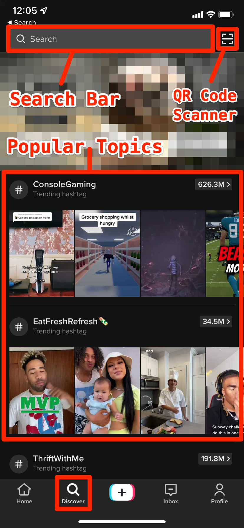 The TikTok Discover page, with the search bar, QR code scanner, and popular hashtags highlighted.