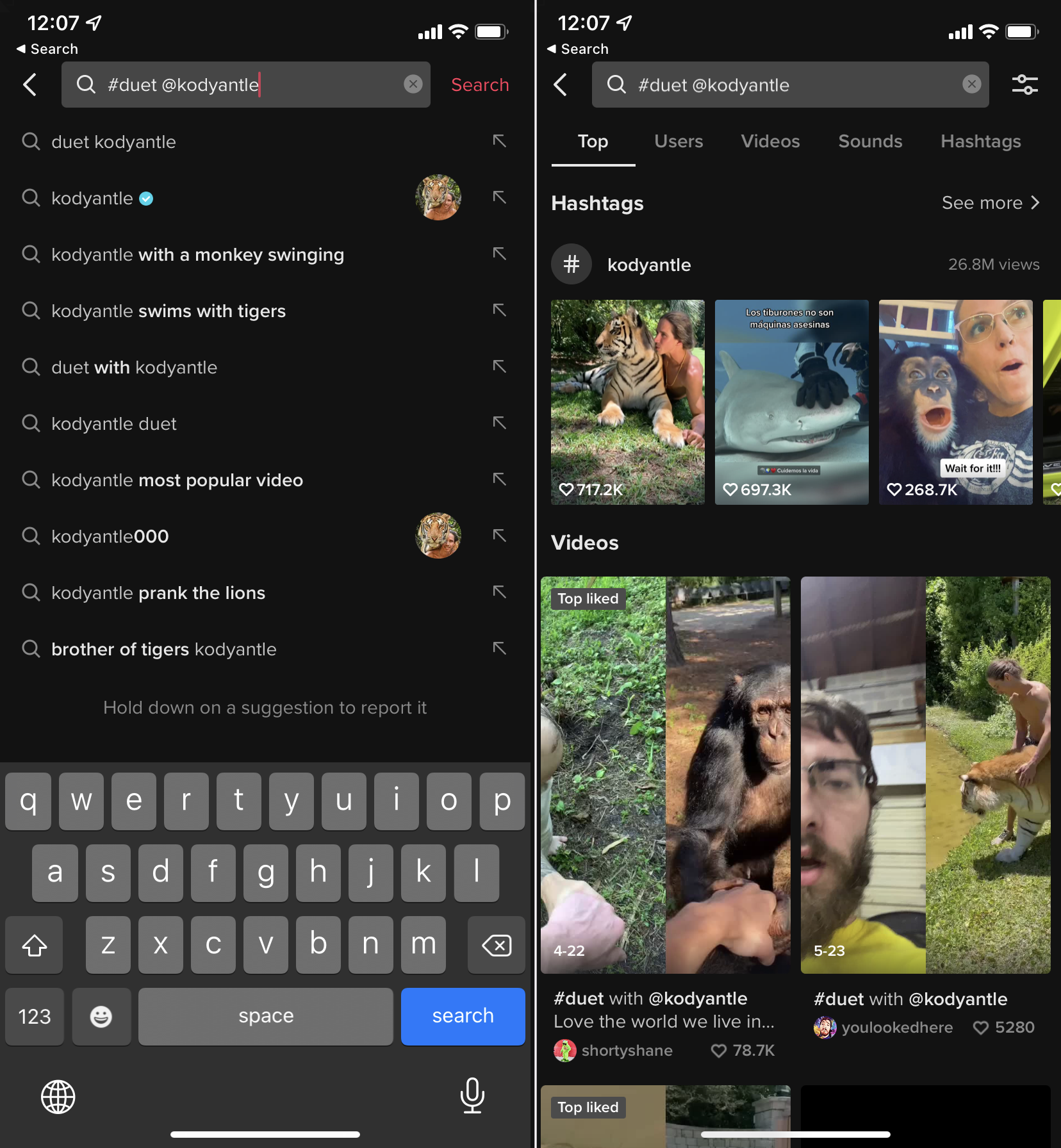 Two pictures stitched together. On the left is a screenshot of TikTok's search results for "#duet @kodyantle." On the right are the results for that search.