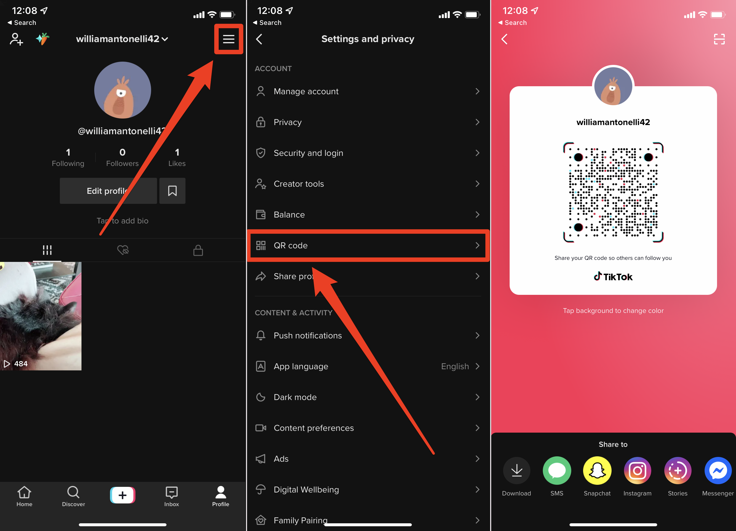Three images stitched together, showing how to find your QR code on TikTok by going through the options menu.