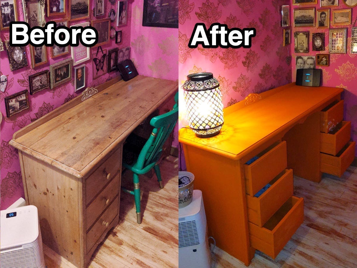 Before and after of a painted orange desk.