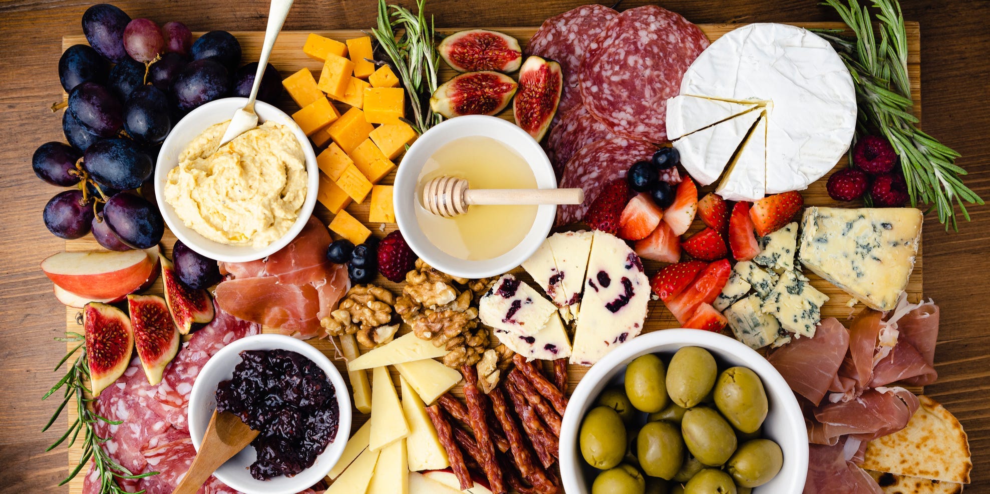 Overhead shot of a charcuterie board.