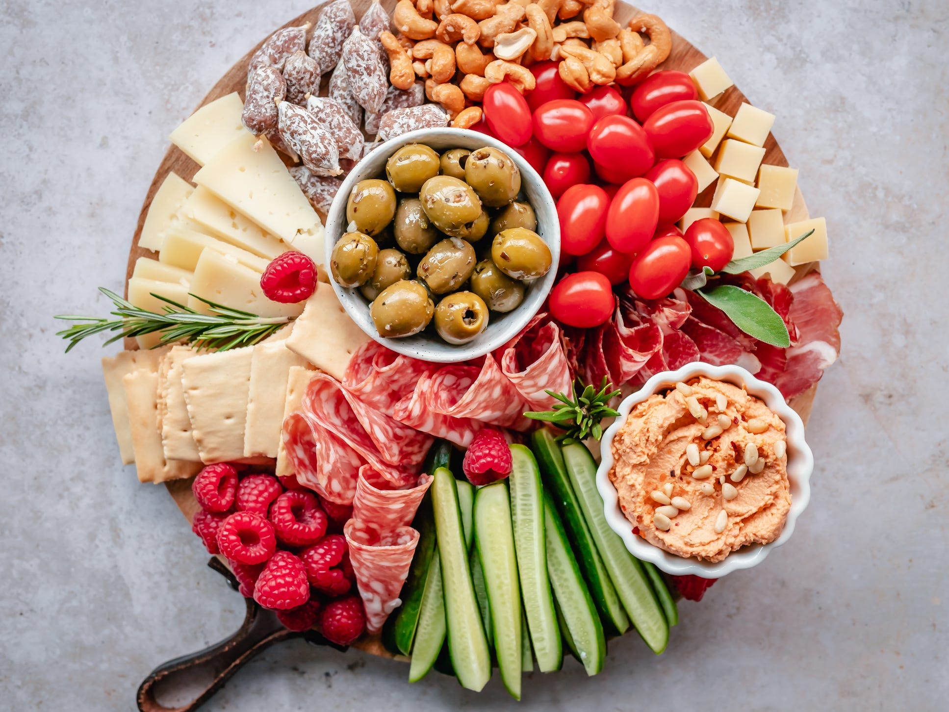 Overhead shot of a round charcuterie board.