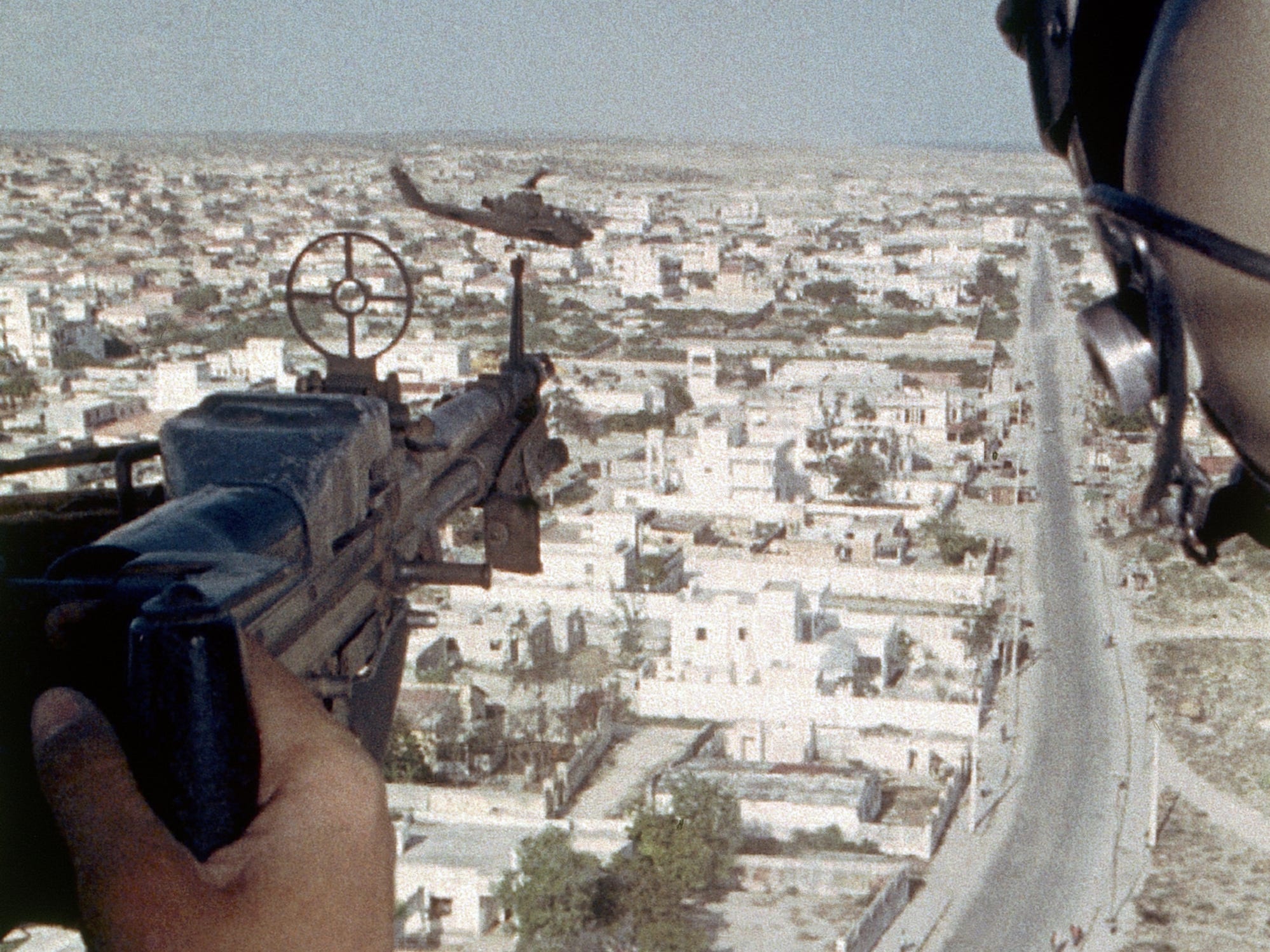 US Army Black Hawk helicopter over Mogadishu Somalia