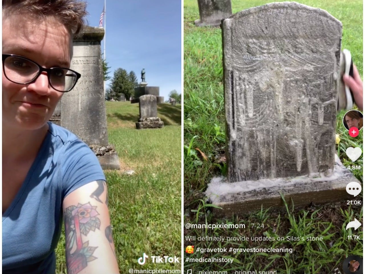 A side by side of two screenshots of videos from Caitlin Abrams' TikTok account, left showing her smiling in front of a cemetery and right scrubbing down a headstone.