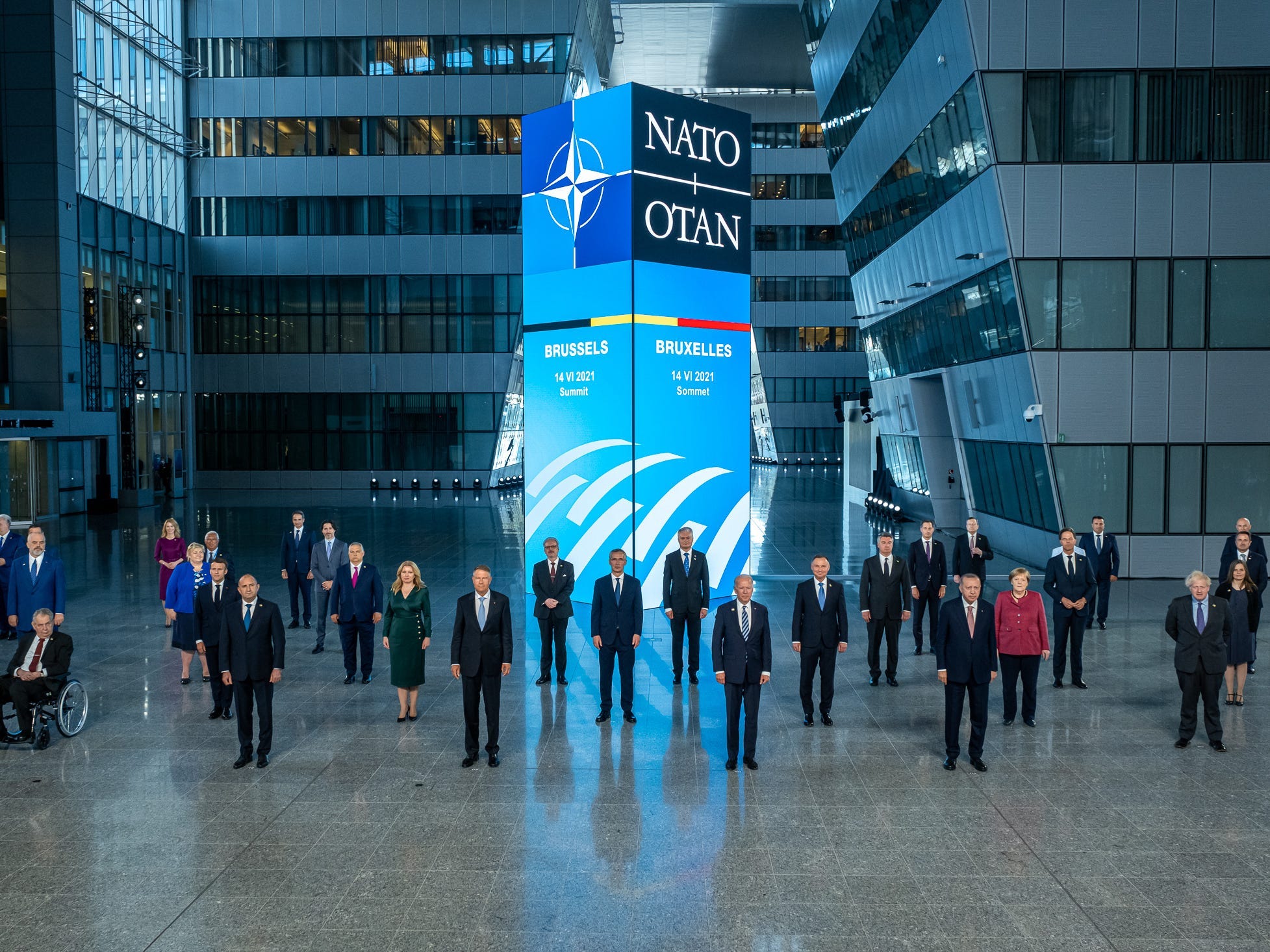 World leaders pose for a photo at a summit at the North Atlantic Treaty Organization (NATO) headquarters in Brussels on June 14, 2021.