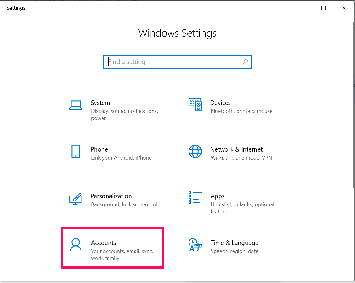 Screenshot of Windows 10 Settings with a box around the Accounts option.