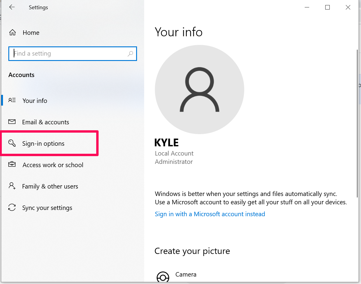 Screenshot of Windows 10 Account Settings with a box around Sign-in options.