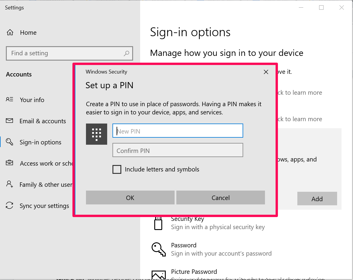 A screenshot of Windows 10 Account Settings with a box around a "Set up a PIN" pop-up.