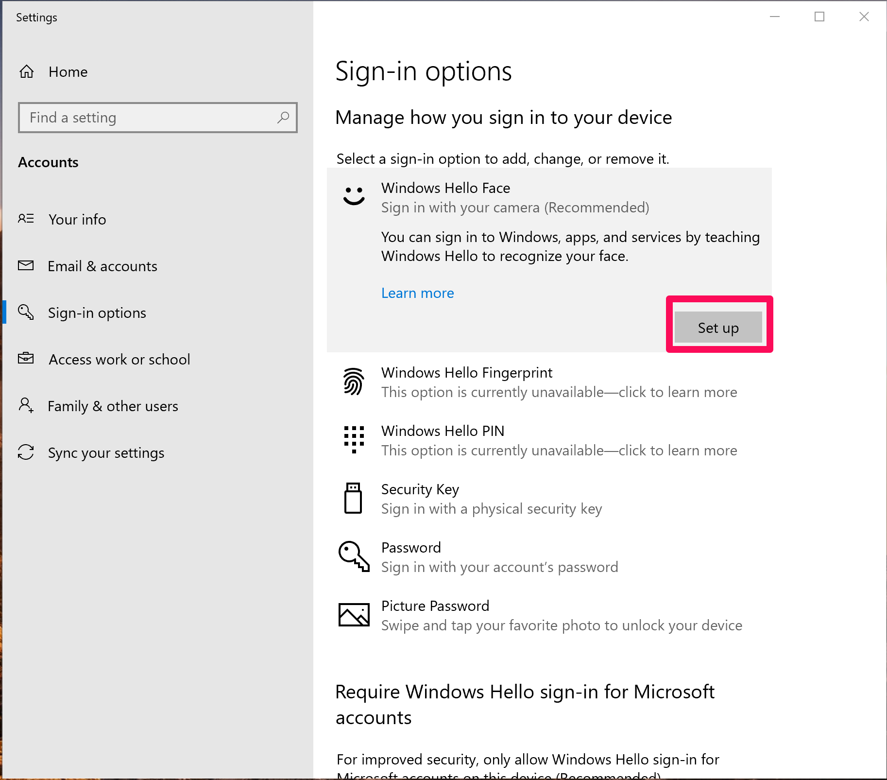 A screenshot of Windows 10 sign-in options with a box around the Windows Hello Face "Set up" button.