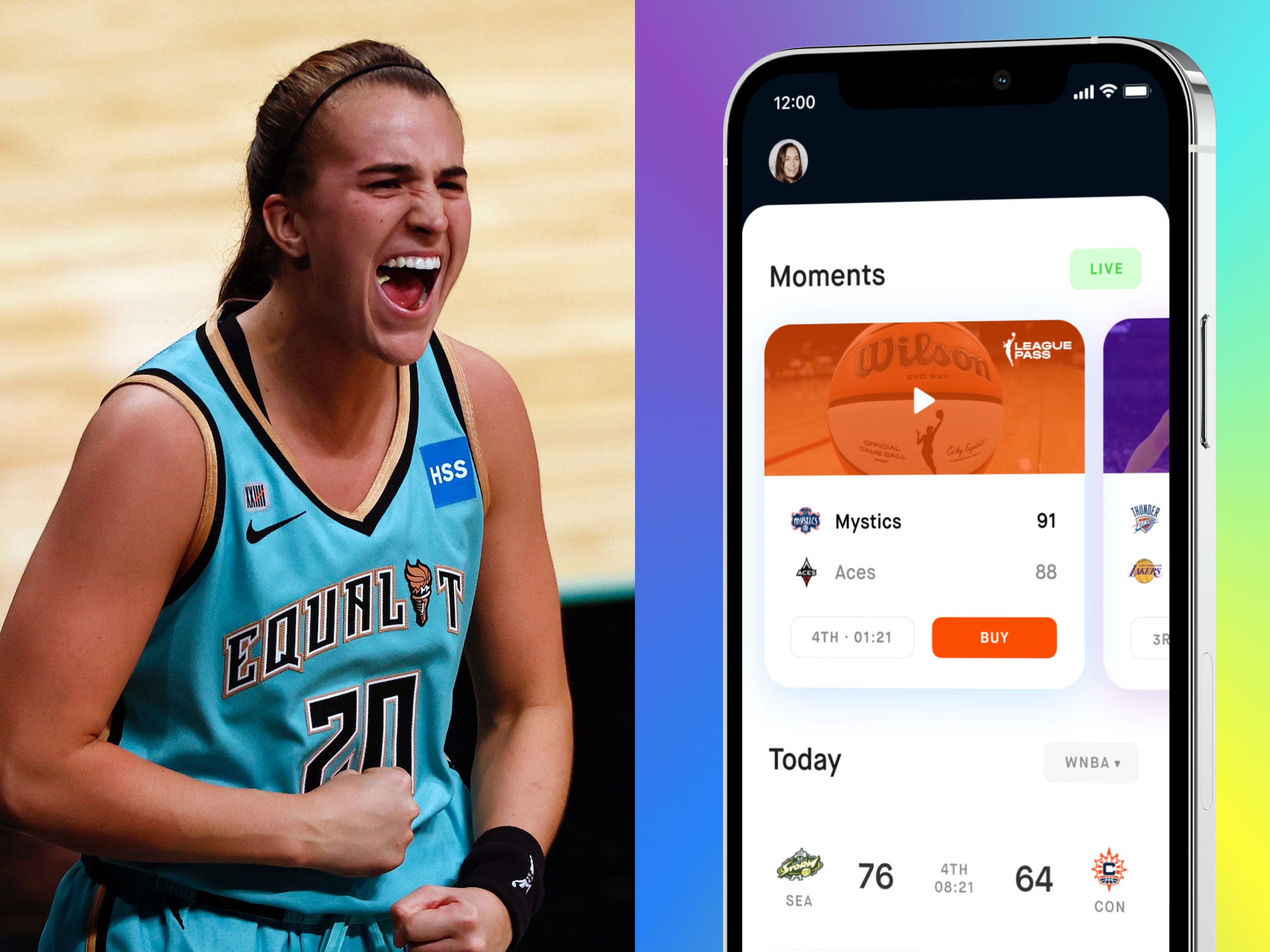 Left: Sabrina Ionescu, Right: the Buzzer app.