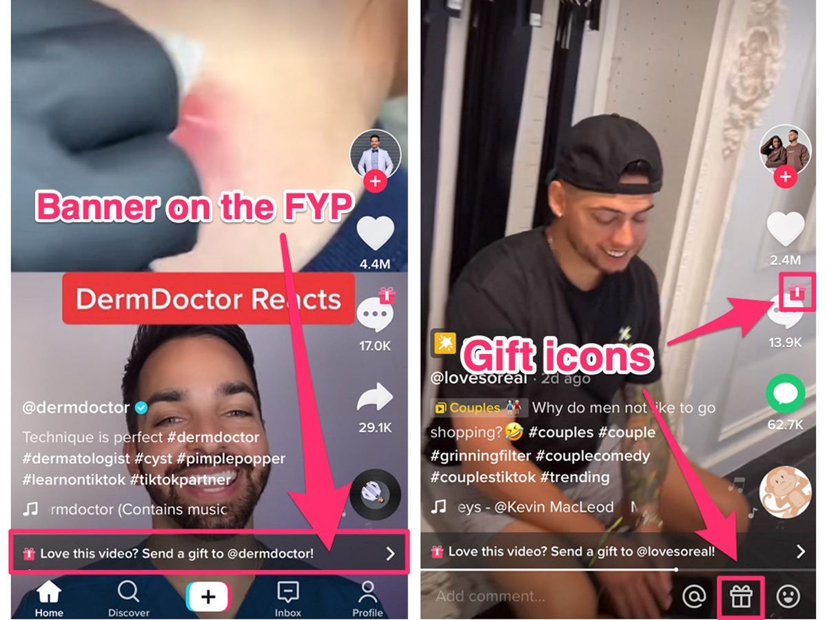 Screenshot of TikTok's new gifting feature on videos.