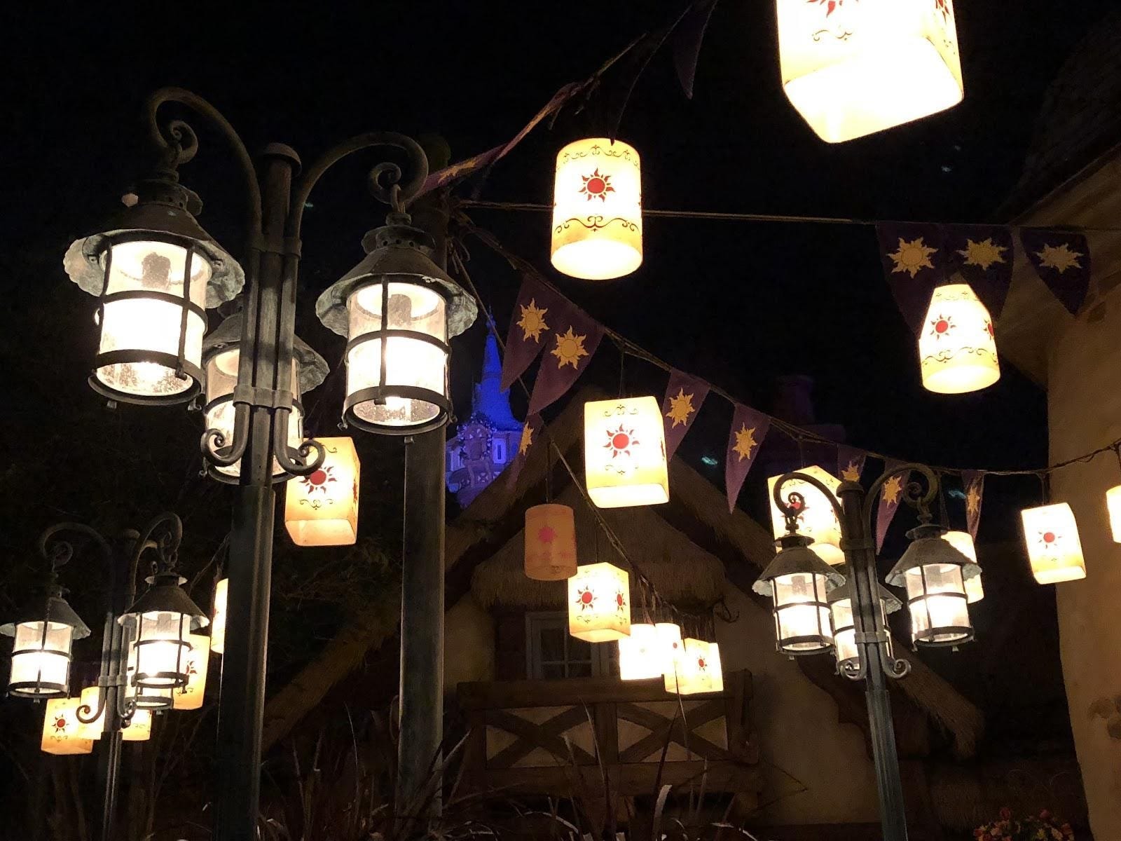 the lights outside of the tangled bathroom in magic kingdom disney world