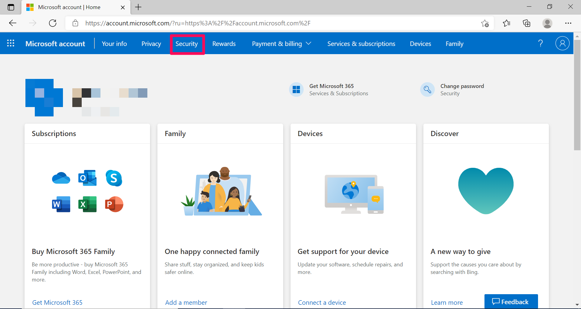A screenshot of a Microsoft Account on a desktop browser with a box around Security.