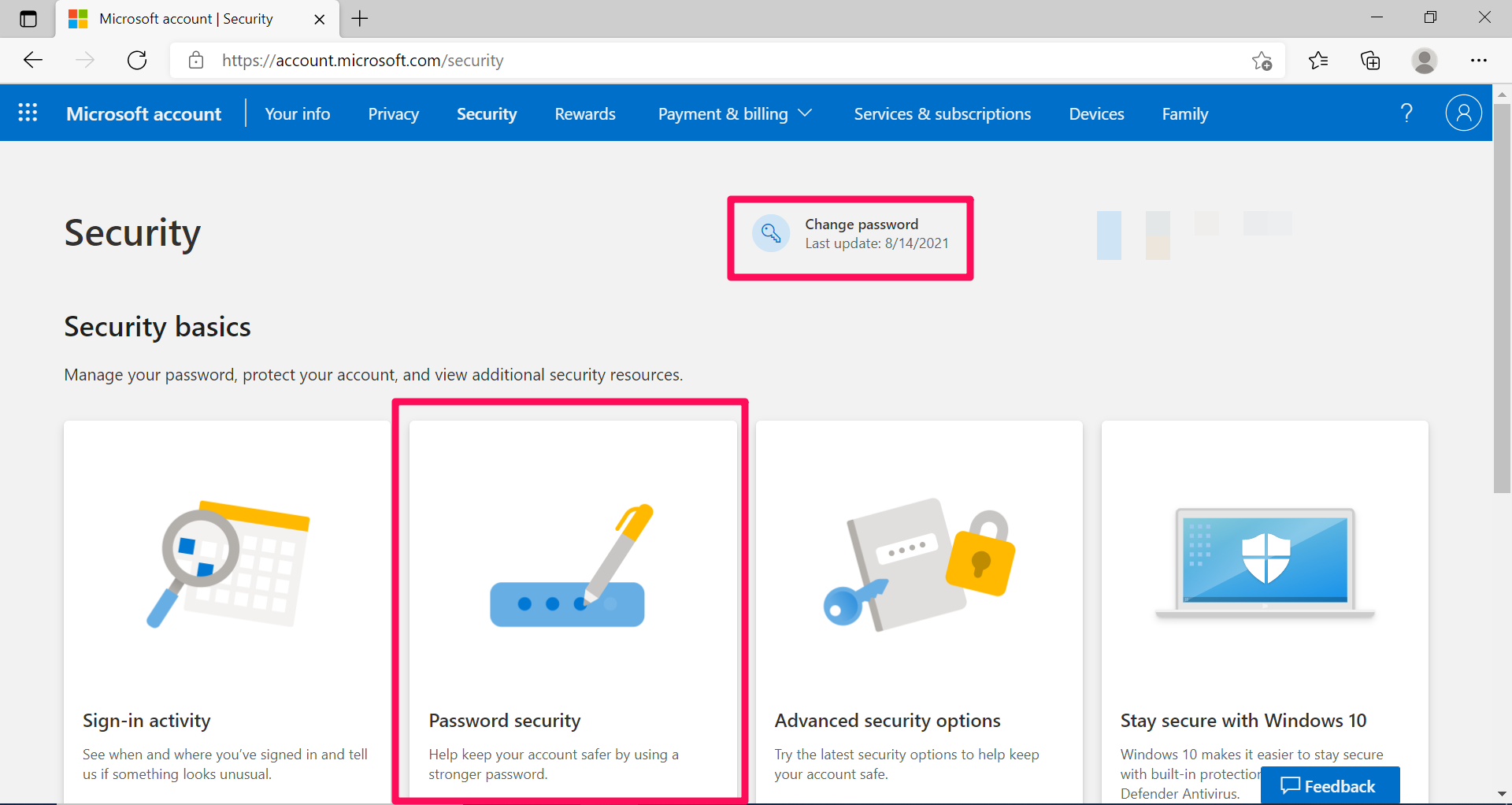 A screenshot of the Microsoft Accounts Security page on a desktop browser with a box around the Password Security and Change Passwords buttons.