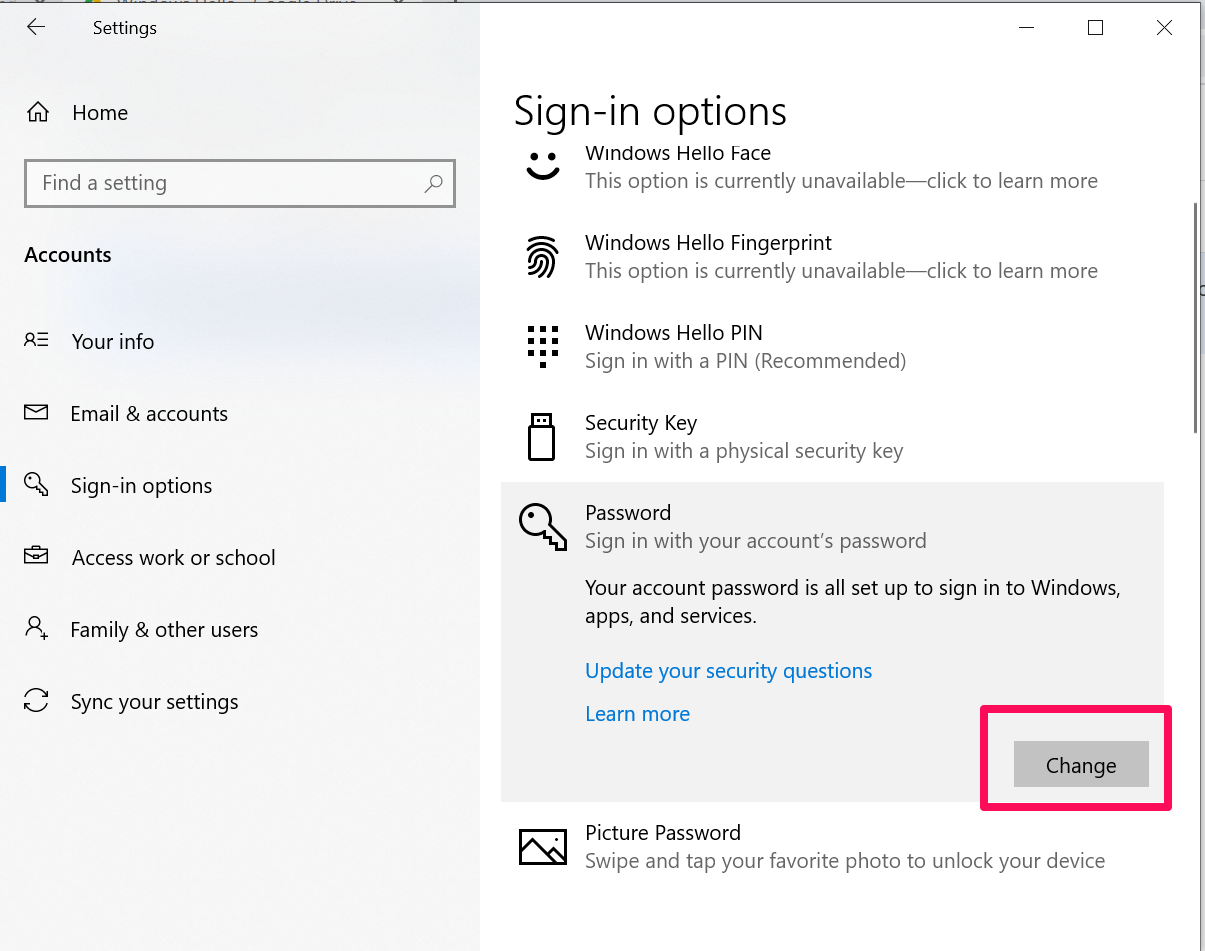 A screenshot of Windows 10 sign-in options with a box around the "Change" button in the Password section.