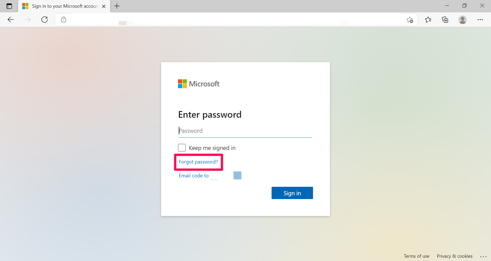 A screenshot of the Microsoft Account login on a desktop browser with a box around the Forgot Password button.