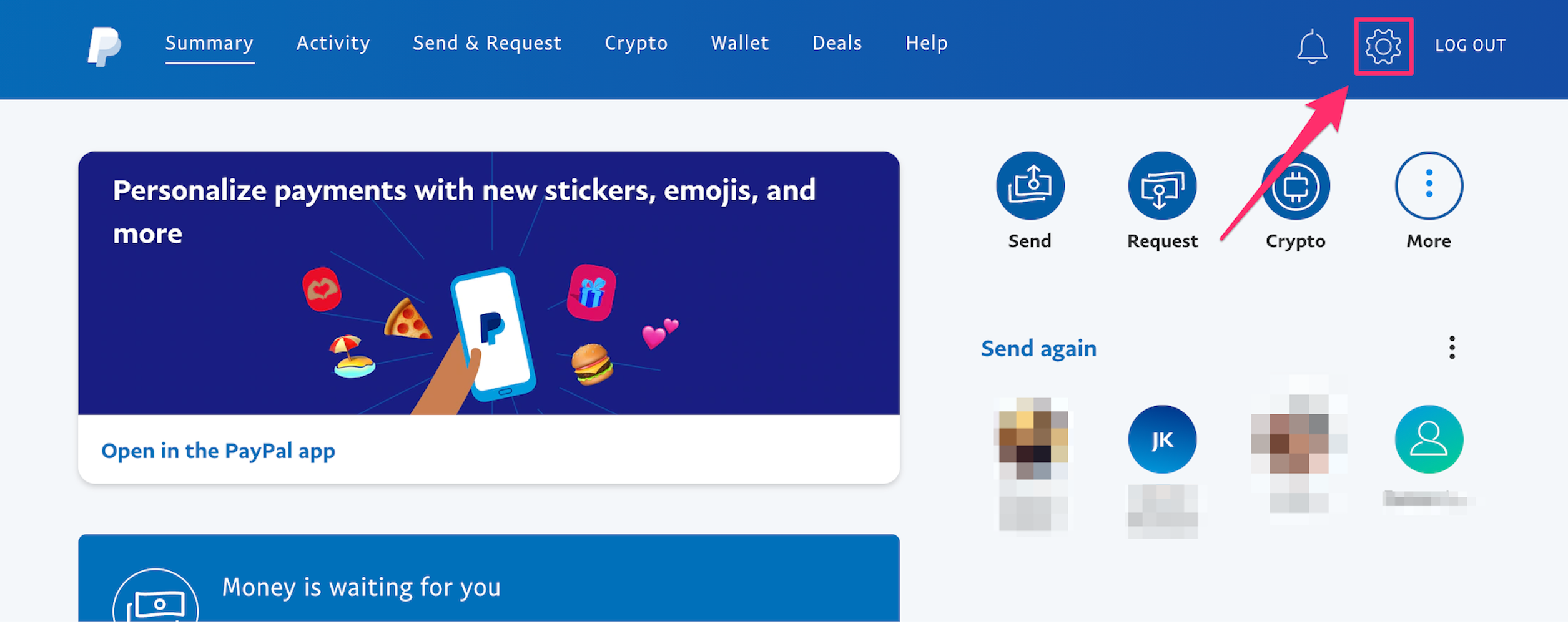 Screenshot of PayPal account's Summary page with the gear icon highlighted