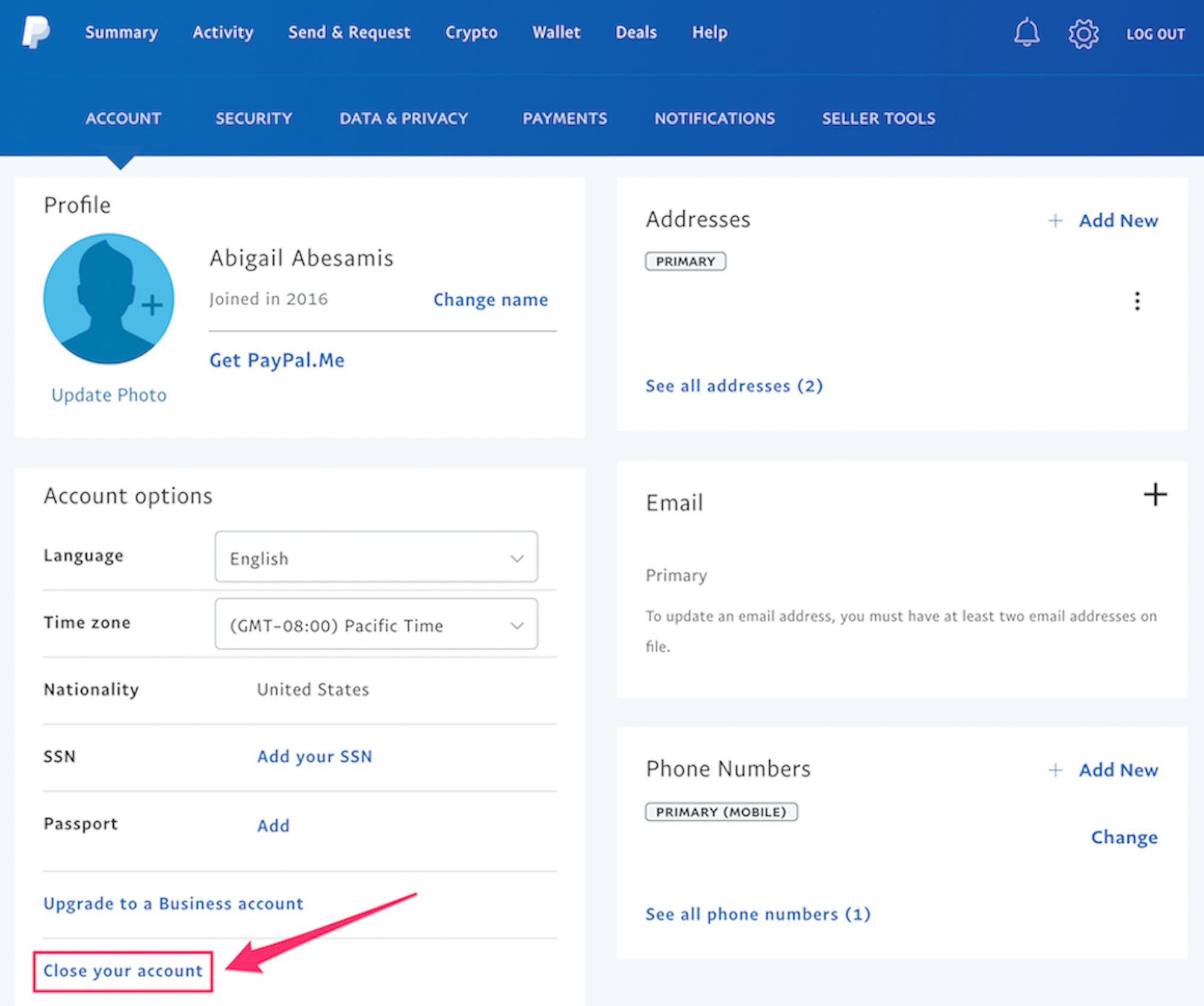 Screenshot of PayPal account's Account Settings page with "Close your account" highlighted