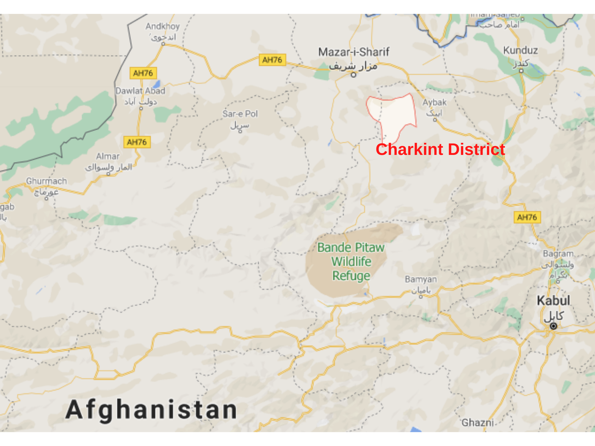 Map of Afghanistan showing where Charkint district is.