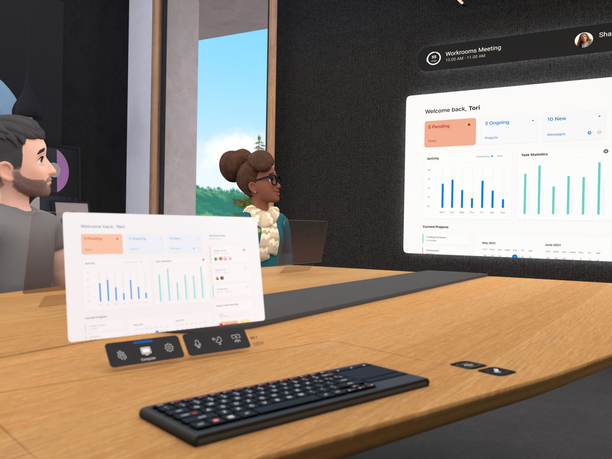 avatars look at charts inside Facebook's Horizon Workrooms metaverse