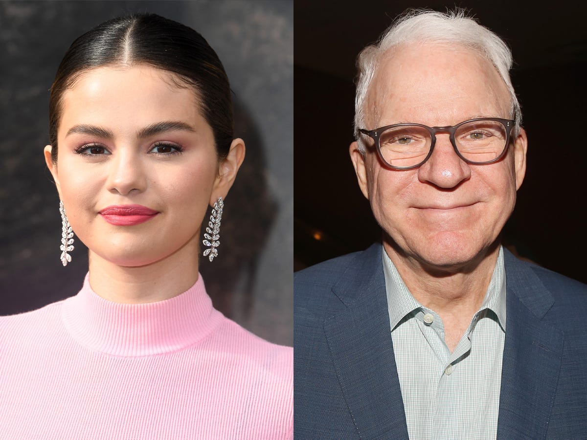 A side-by-side image of Selena Gomez smiling in a pink turtleneck, and Steve Martin wearing glasses and smiling at the camera.