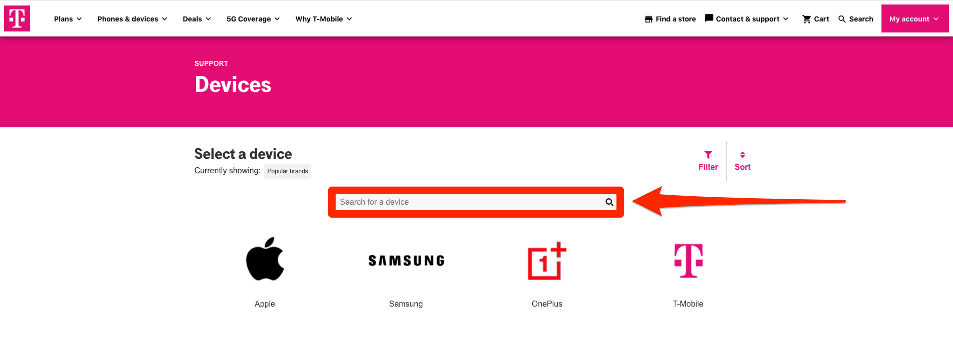 t-mobile phone unlock - search for devices page