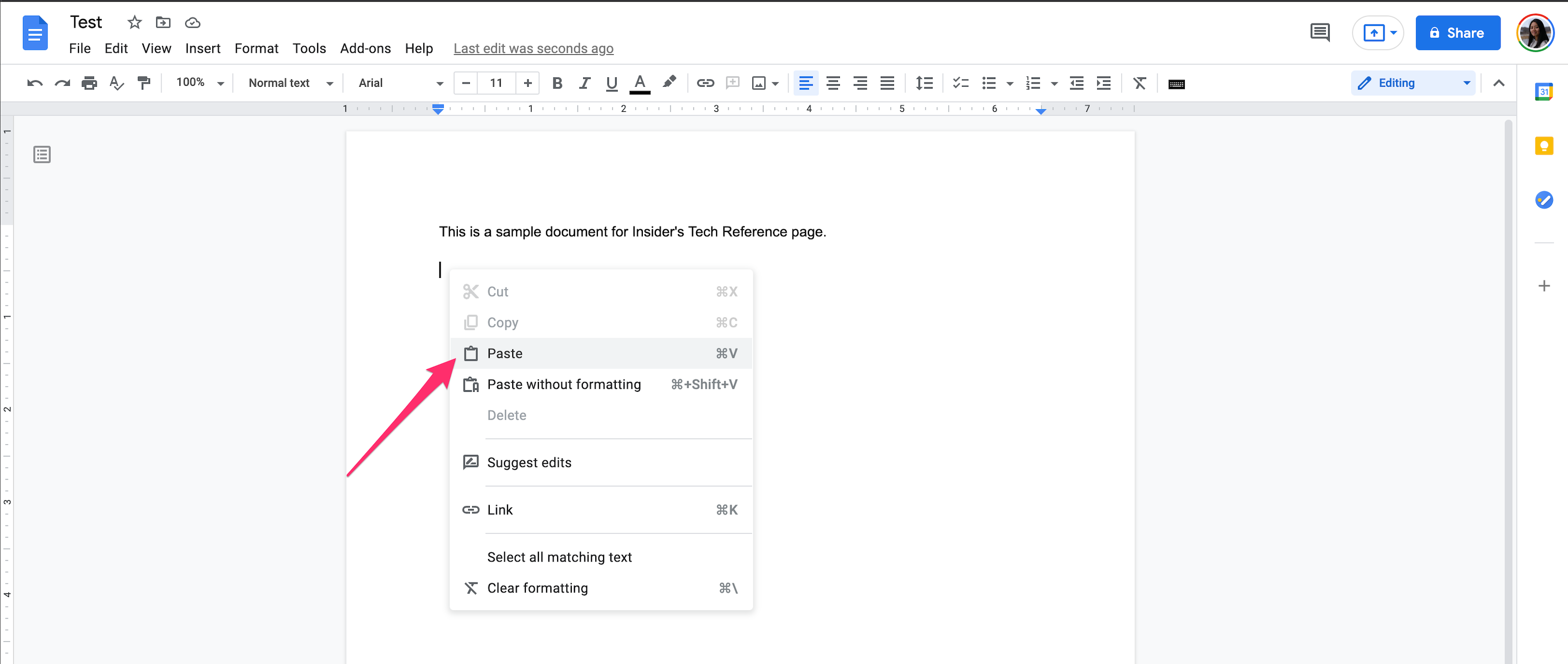 Screenshot of a Google Doc with a pop-up menu highlighting the paste function