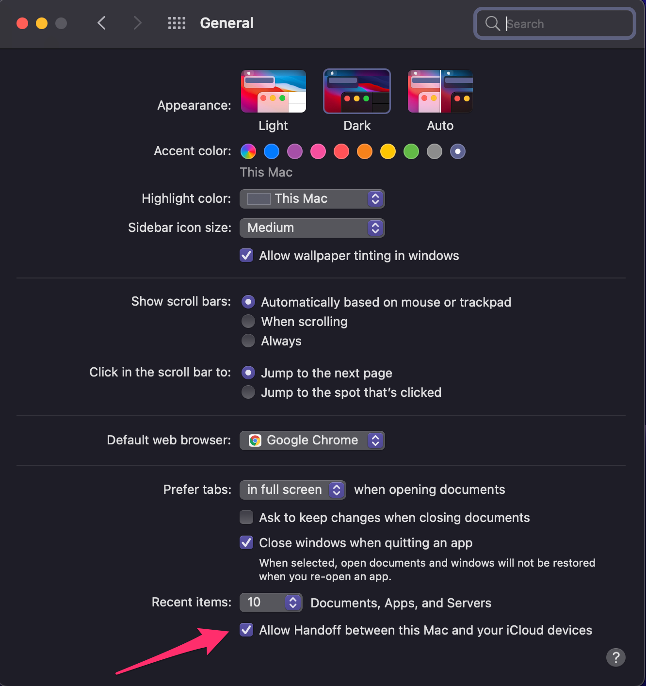 Screenshot of Mac System Preferences showcasing the Handoff capability