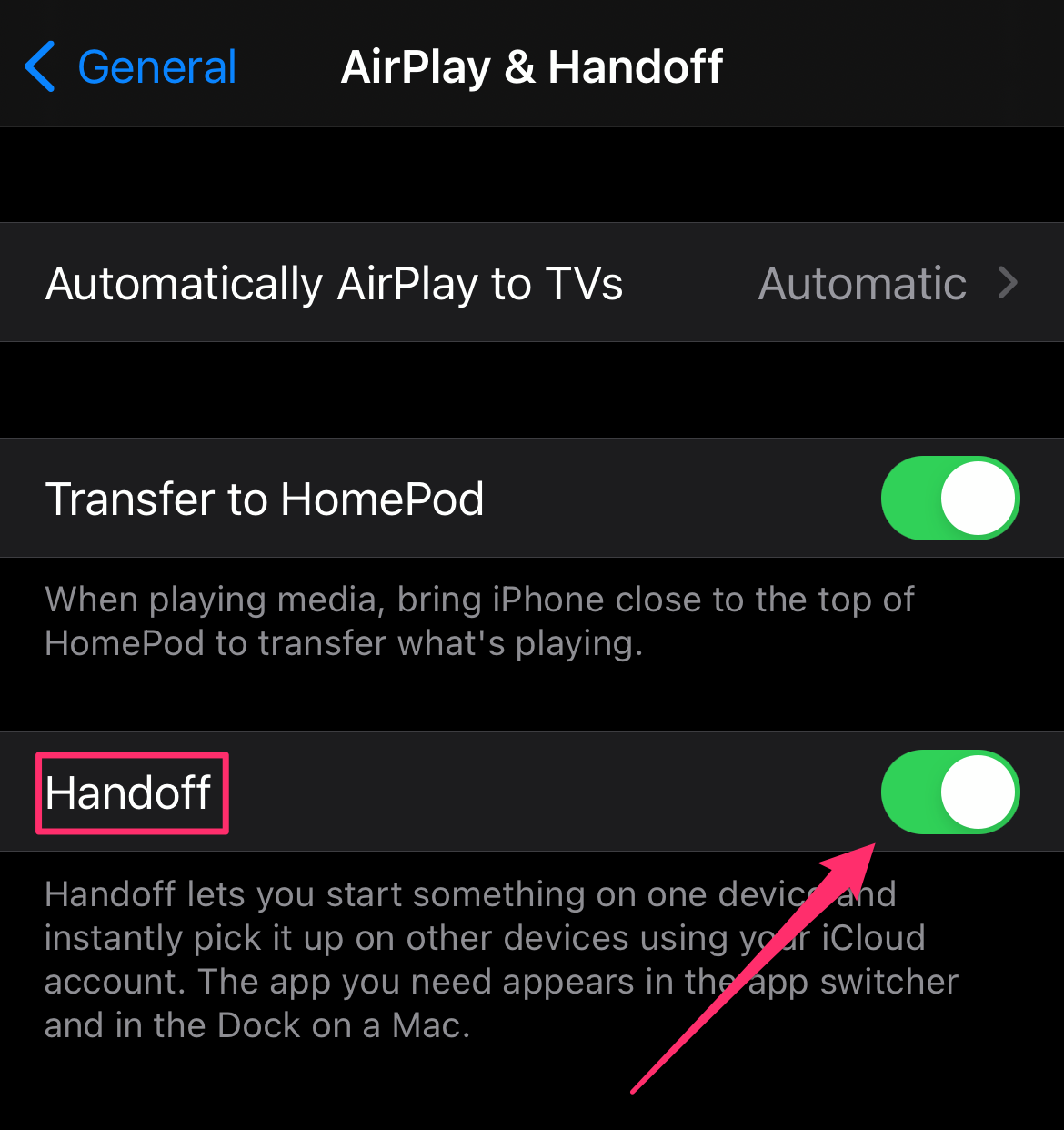 Screenshot of iPhone settings window showcasing the Handoff capability