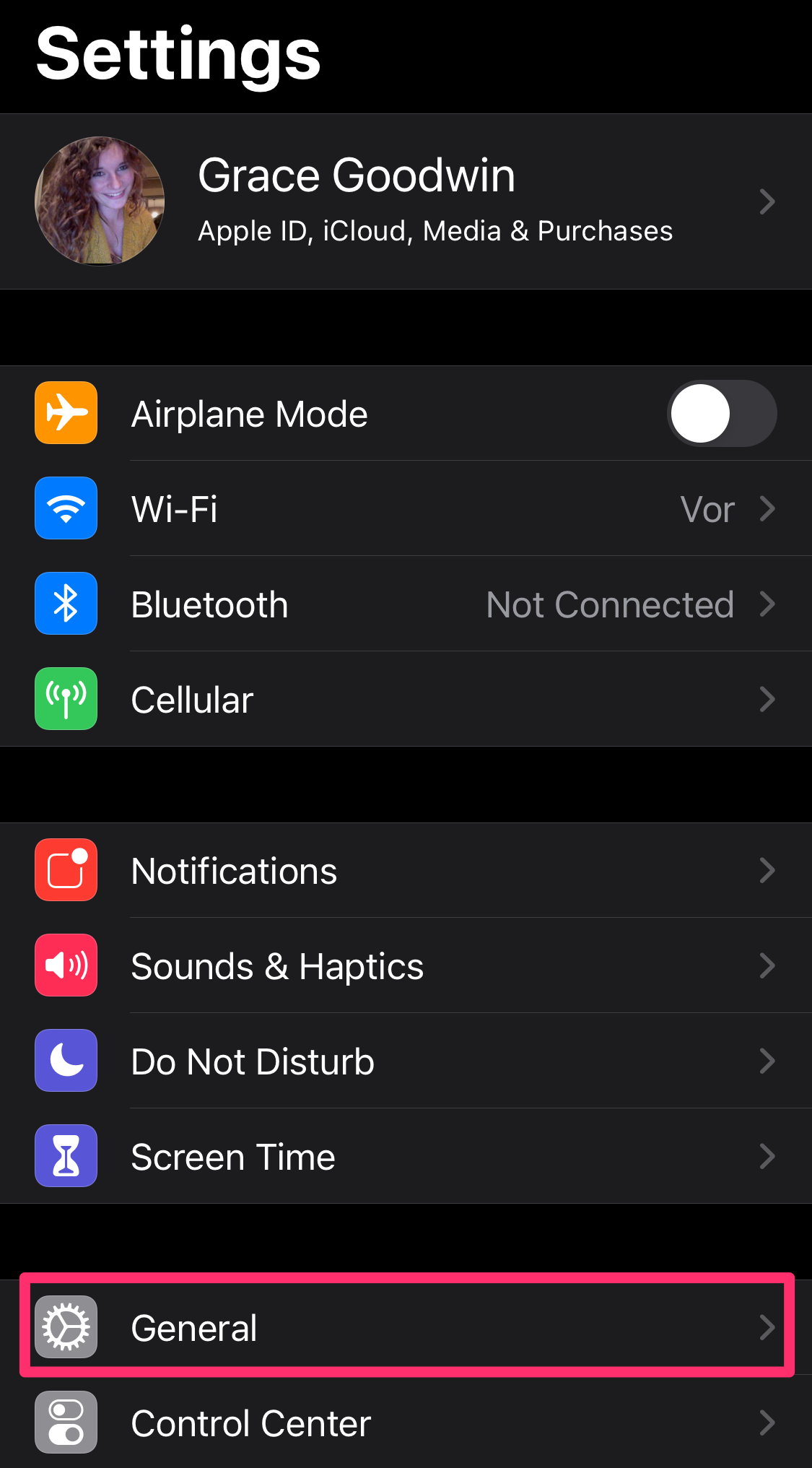 Screenshot of iPhone Settings app homepage