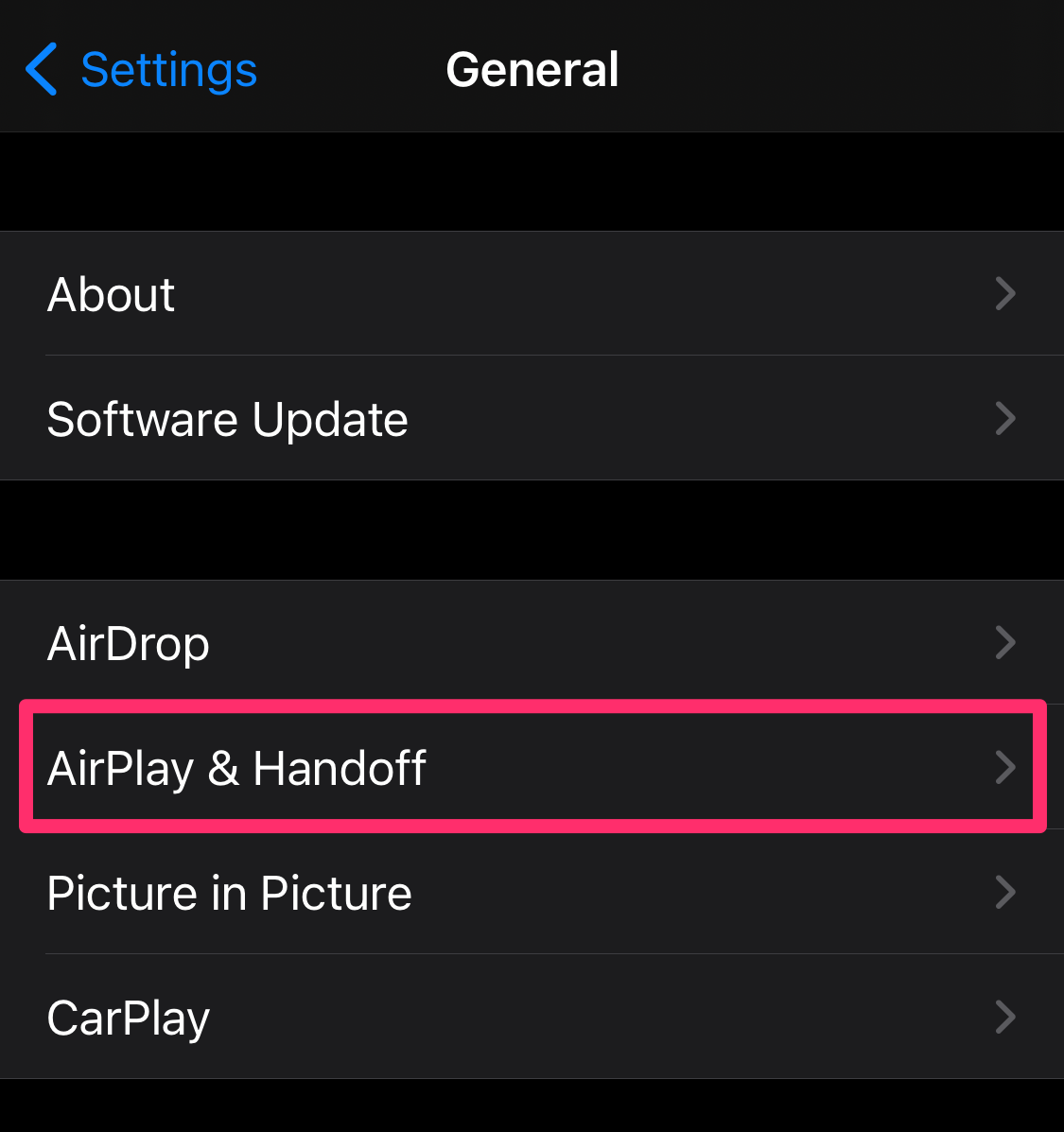 Screenshot of General page in iPhone Settings app