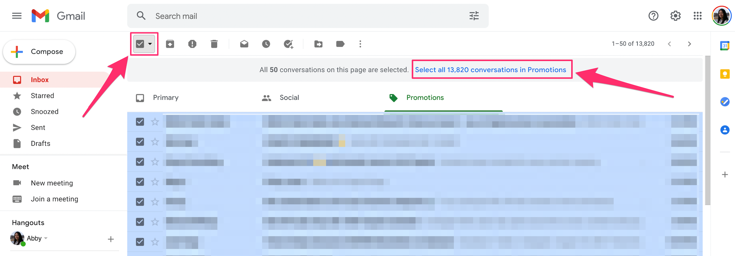 Screenshot of Gmail inbox with "select all" buttons highlighted