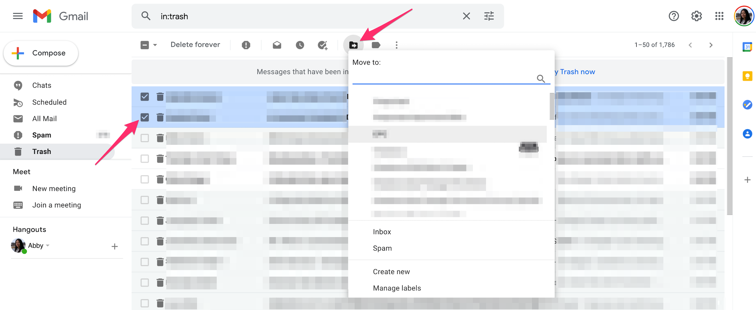 Screenshot of a Gmail Trash folder with emails selected to restore]