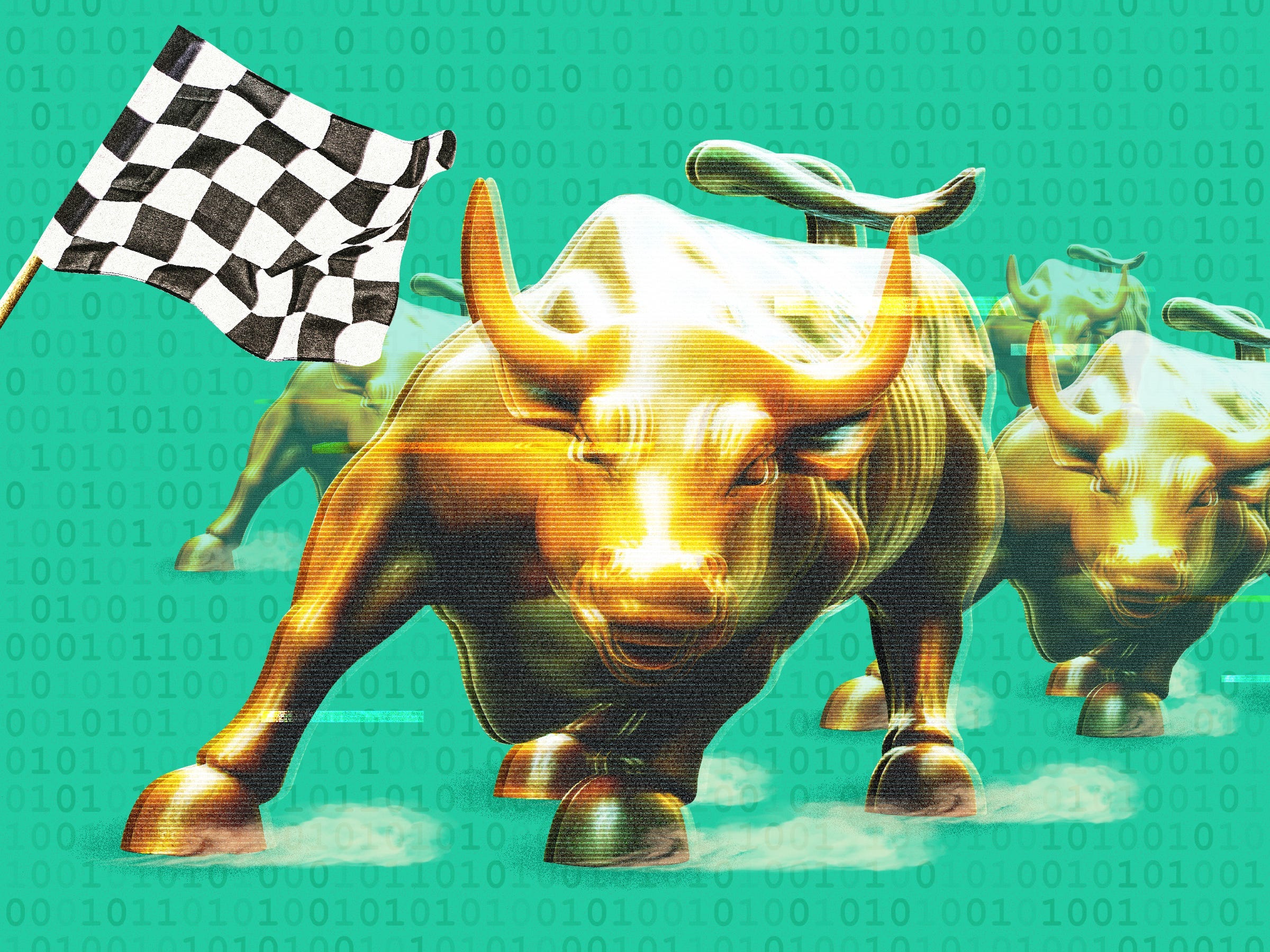 Wall Street bulls racing towards a checkered flag with binary code on a green background.